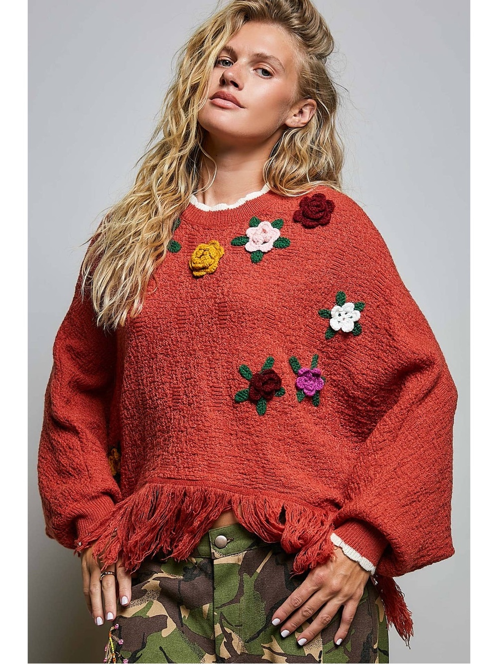 POL Rust Crochet Floral Fringe Hem Boho Oversized Sweater - Picture 3 of 4